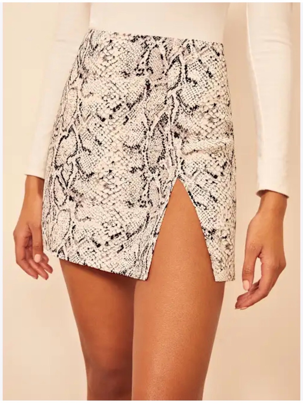 Reformation Margot Black and White Snake-Print Mini Skirt with front slit 6